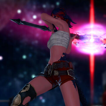 khali swinging her trusty axe. she's looking over her shoulder. it's nighttime.