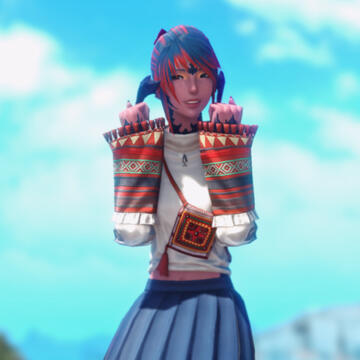 khali posing happily somewhere in limsa lominsa. she&#39;s wearing casual clothes. the blue sky is especially vibrant.