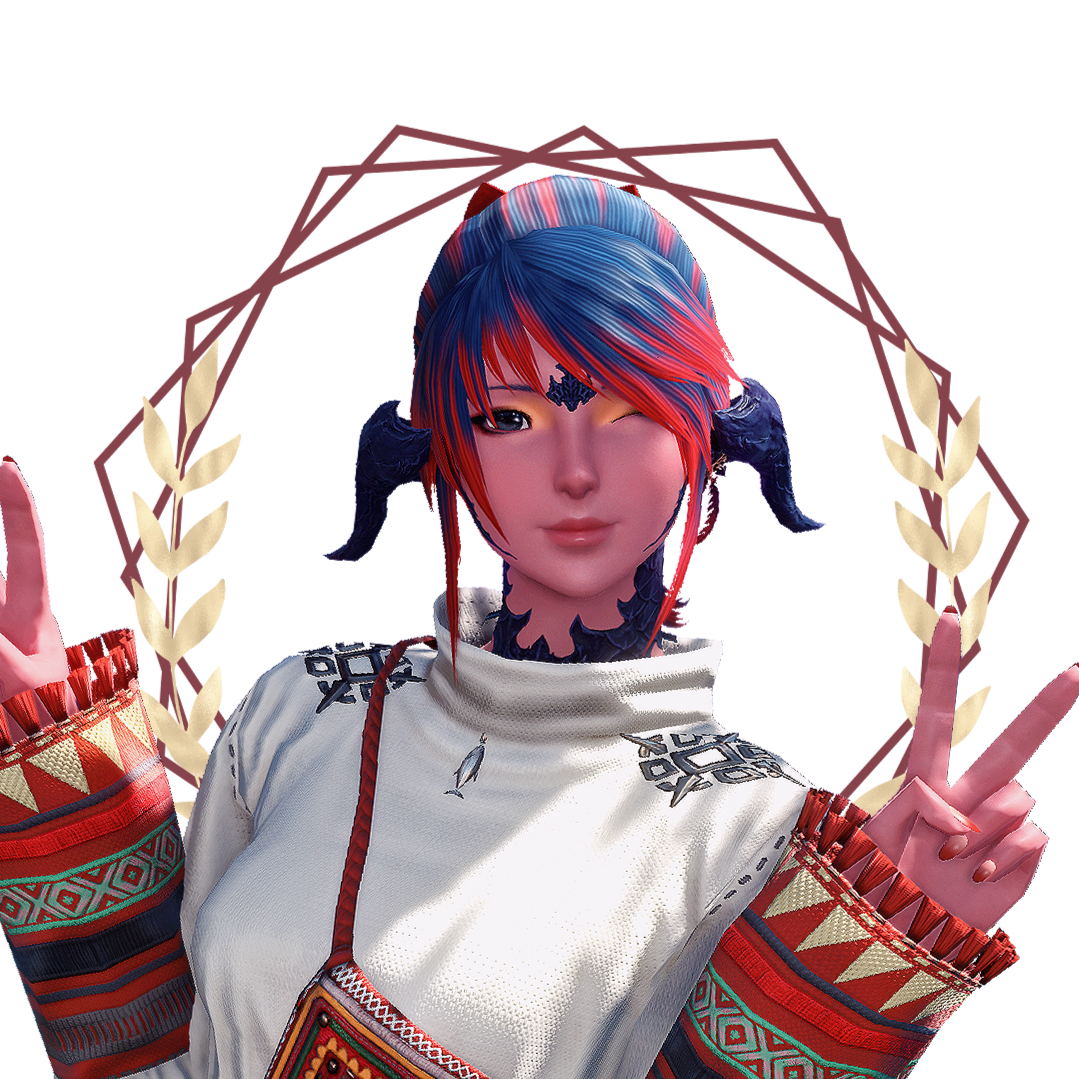 khali tilting her head to the side, holding up a double peace sign with her hands. red geometric lines with a golden laurel accent the background behind her.